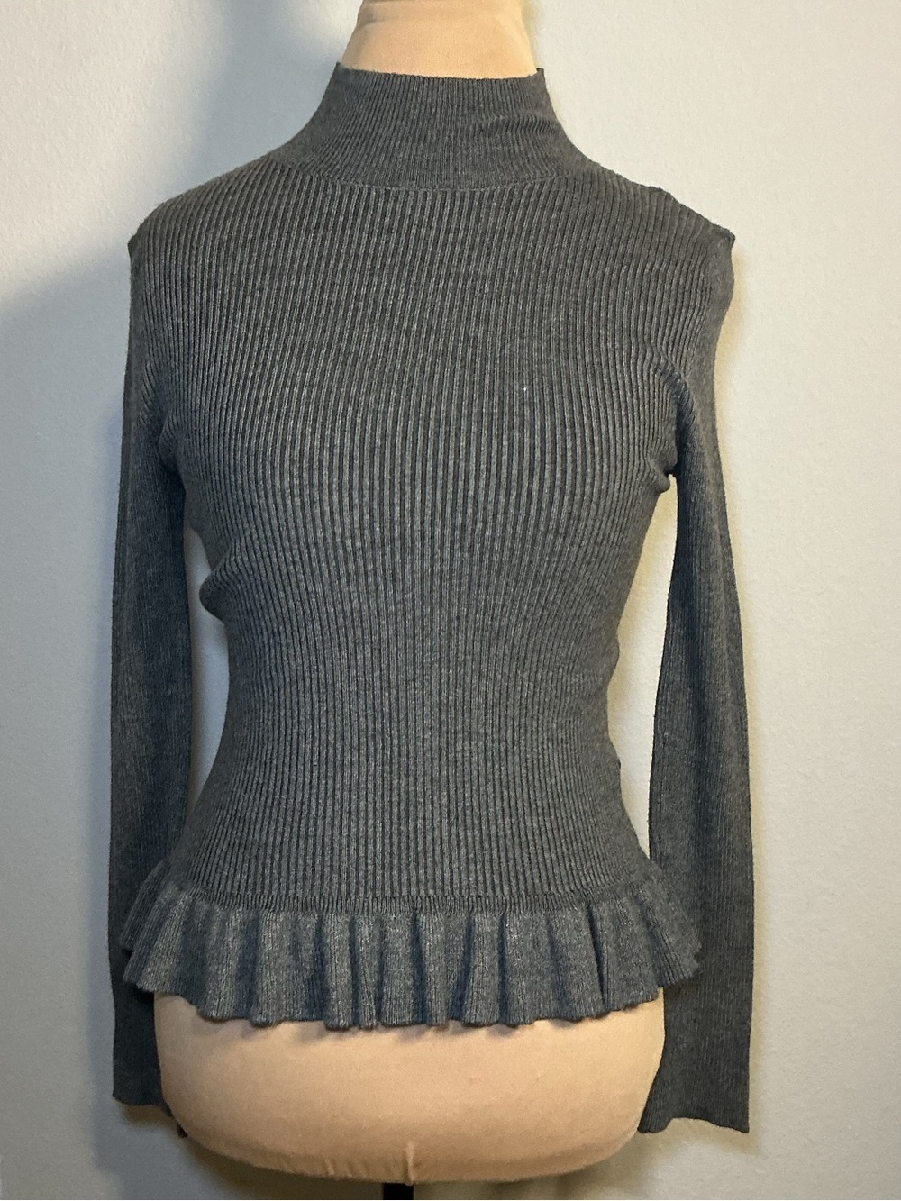 Gray Ribbed Mock Neck Sweater with Ruffle Hem